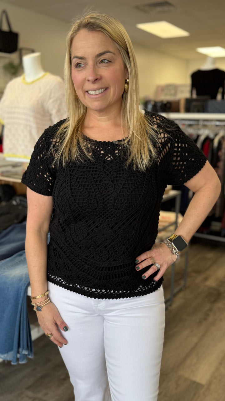 Black Reversible Short Sleeve Crochet Top