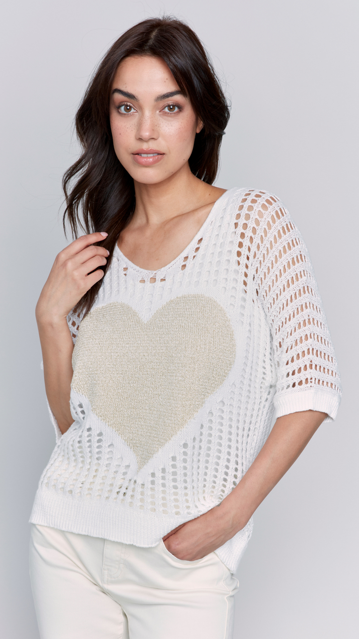 Fishnet Dolman Sleeve Sweater With Lurex Heart