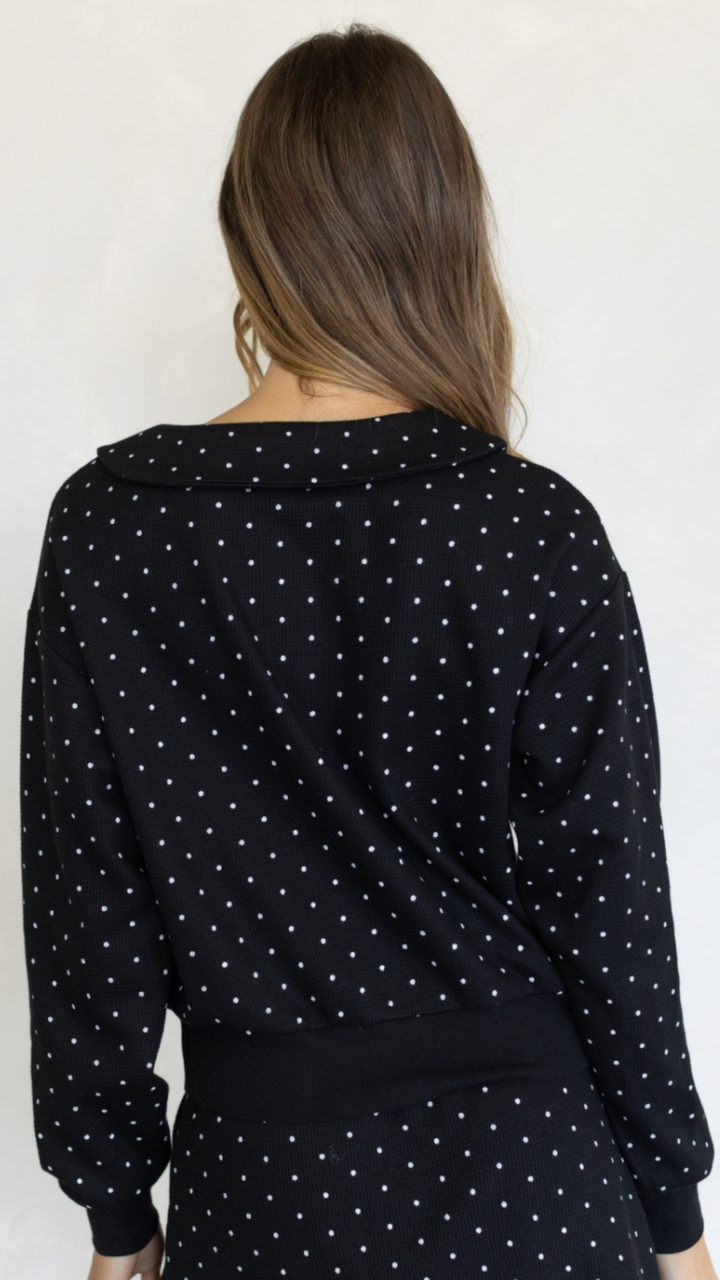 Black Waffle Knit Polka Dot Peter Pan Collar Cardigan