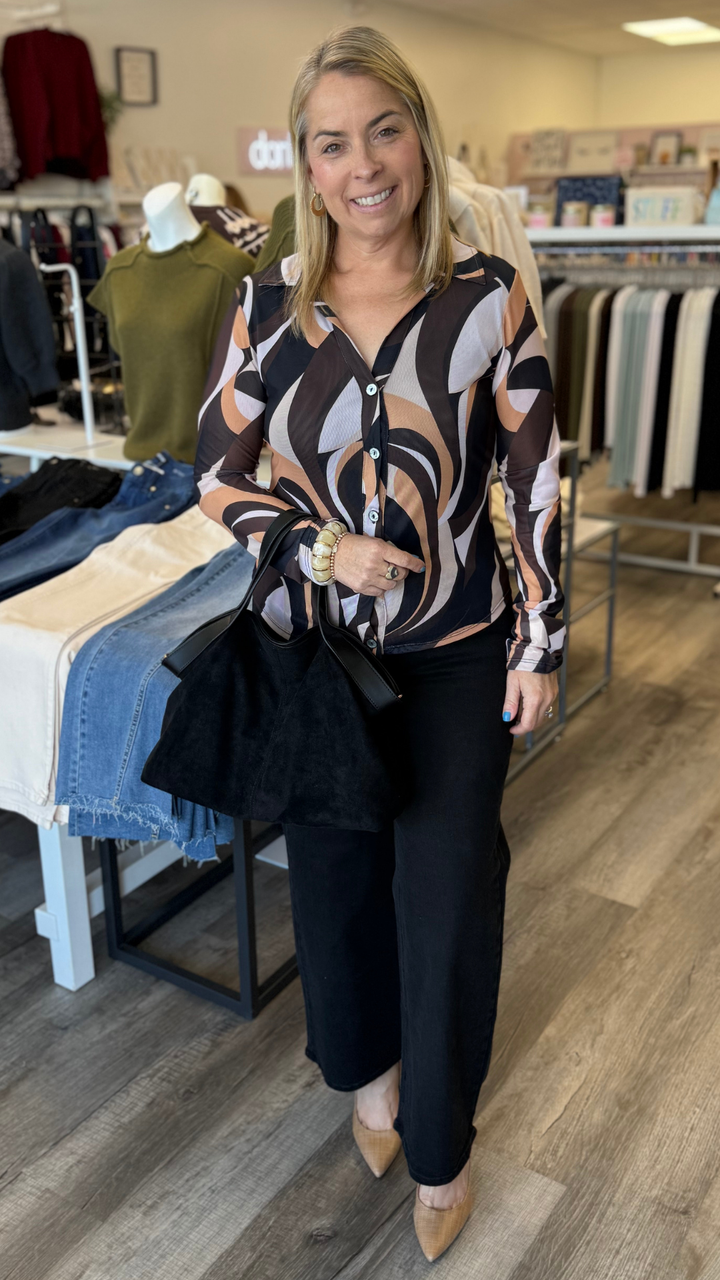 Brown Multi Color Mesh Collared Button Up Top