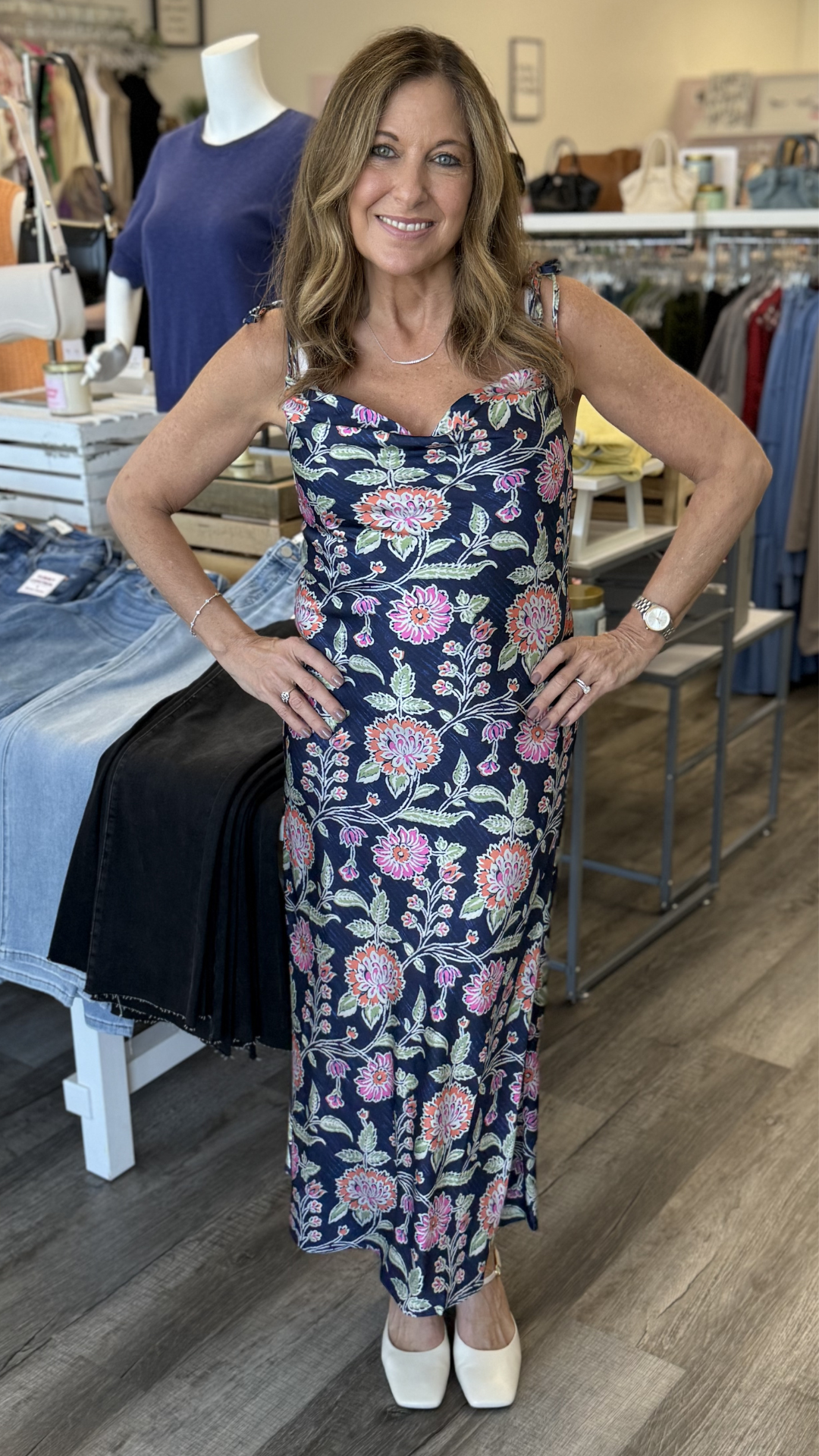 Tie Strap Cowl Neck Floral Midi Dress