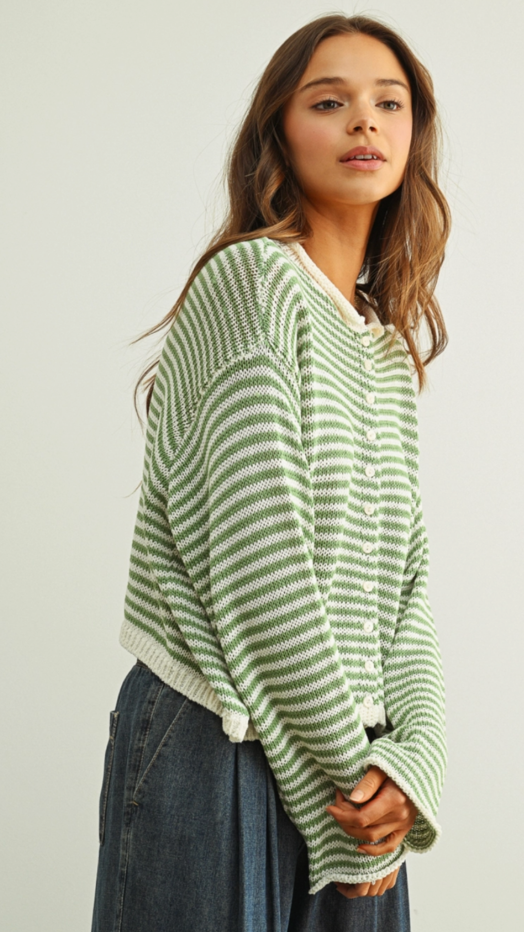 Matcha And White Button Front Knit Cardigan
