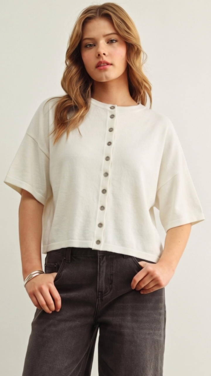 White Button Down Round Neck Half Sleeve Top