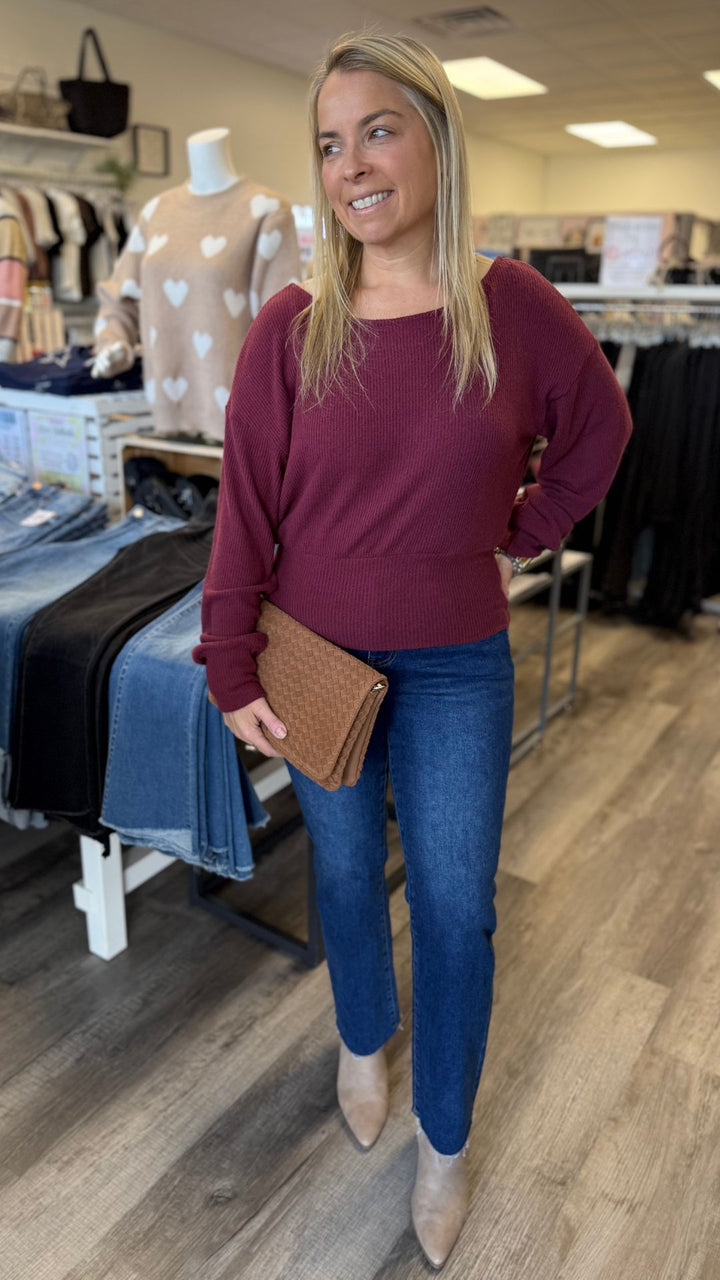 Burgundy Brushed Rib Pullover Top