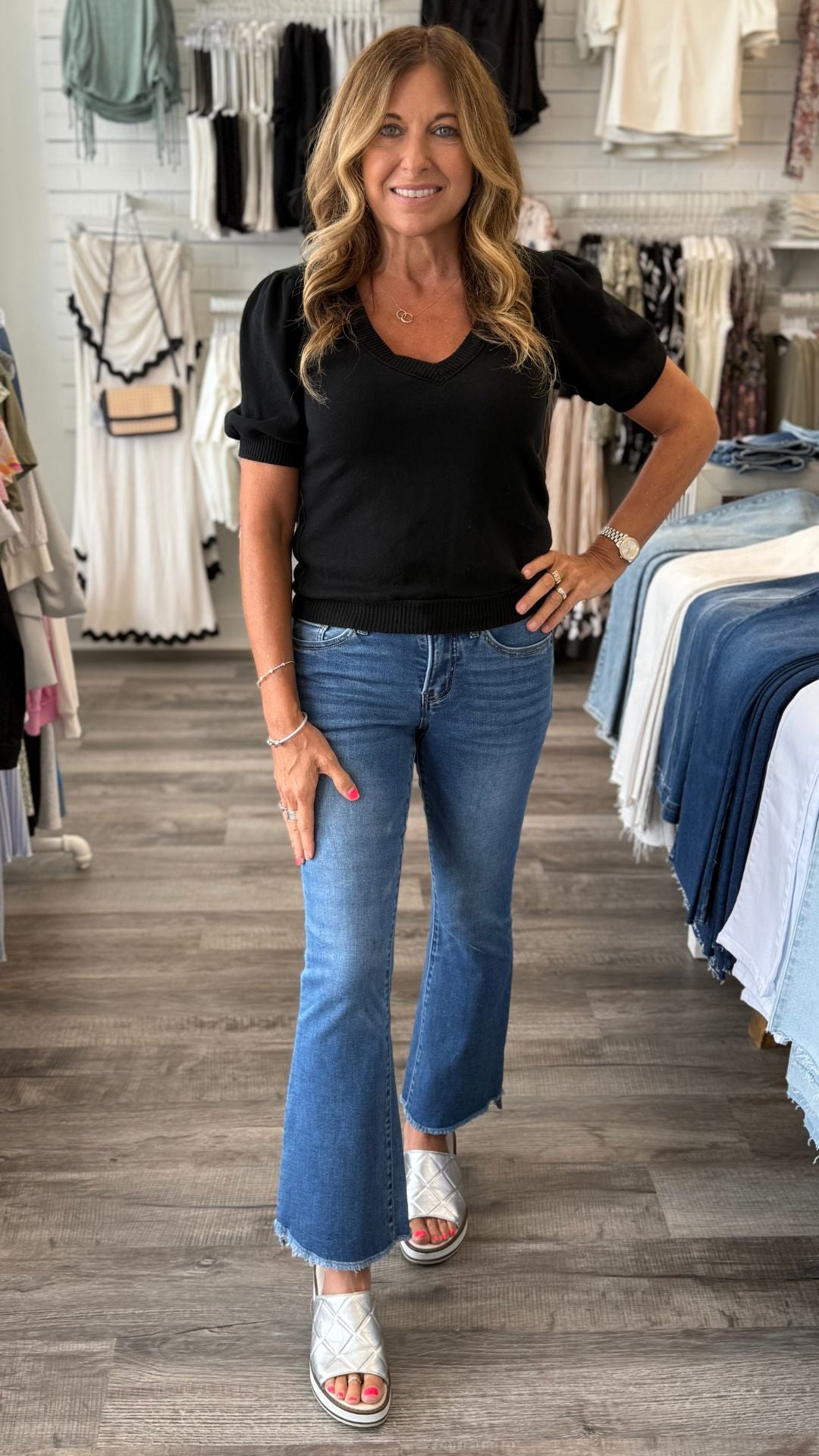 Mid Rise Medium Wash Super Soft Crop Flare Jeans