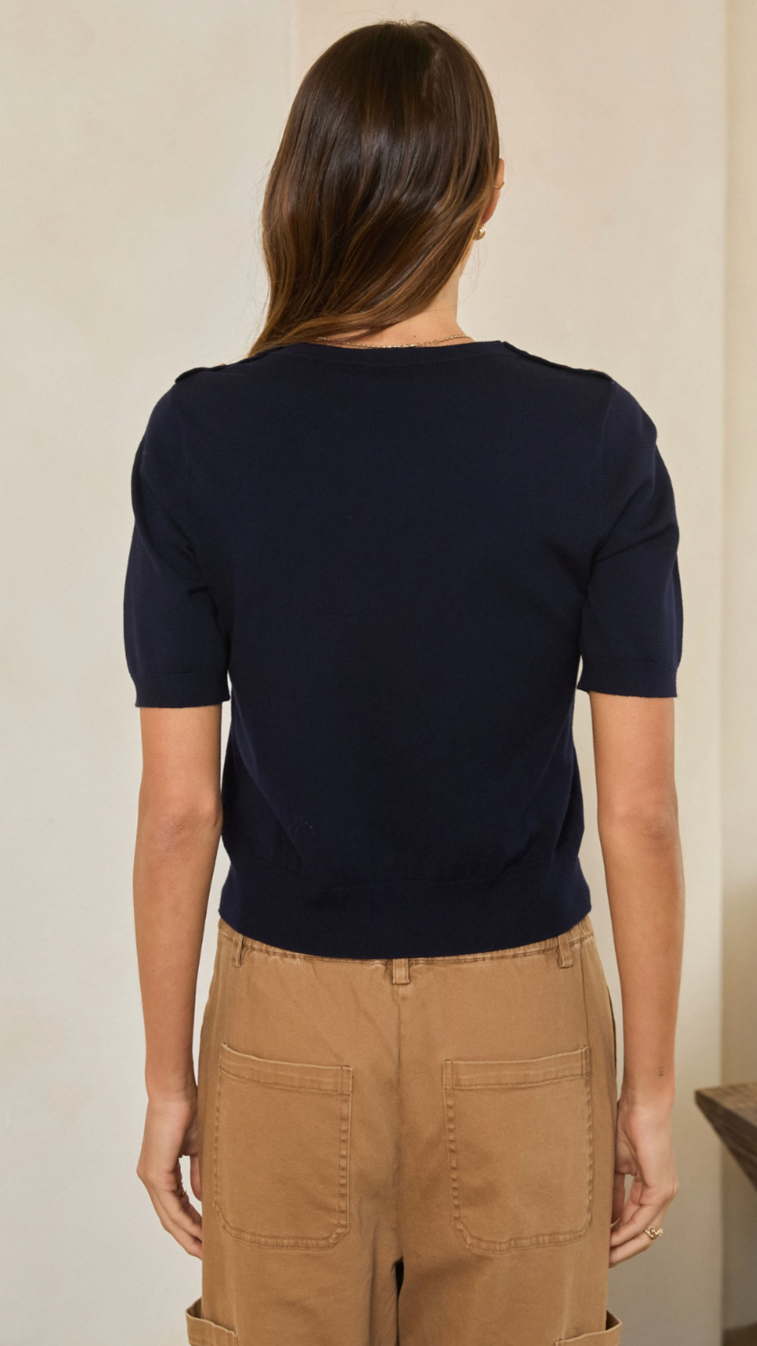 Navy Crewneck Short Sleeve Sweater With Gold Button Details