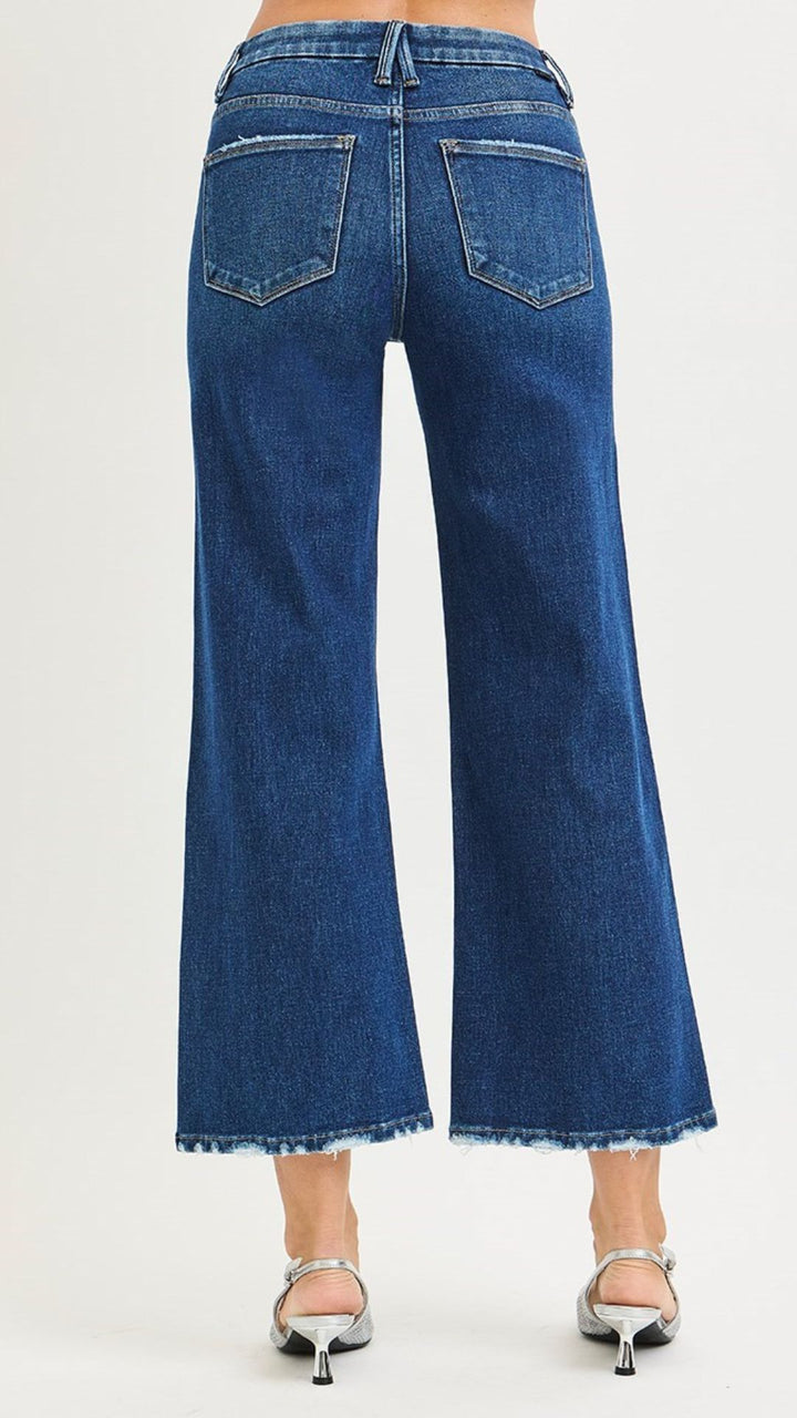 High Rise Tummy Control Dark Wash 4 Way Stretch Wide Leg Jeans