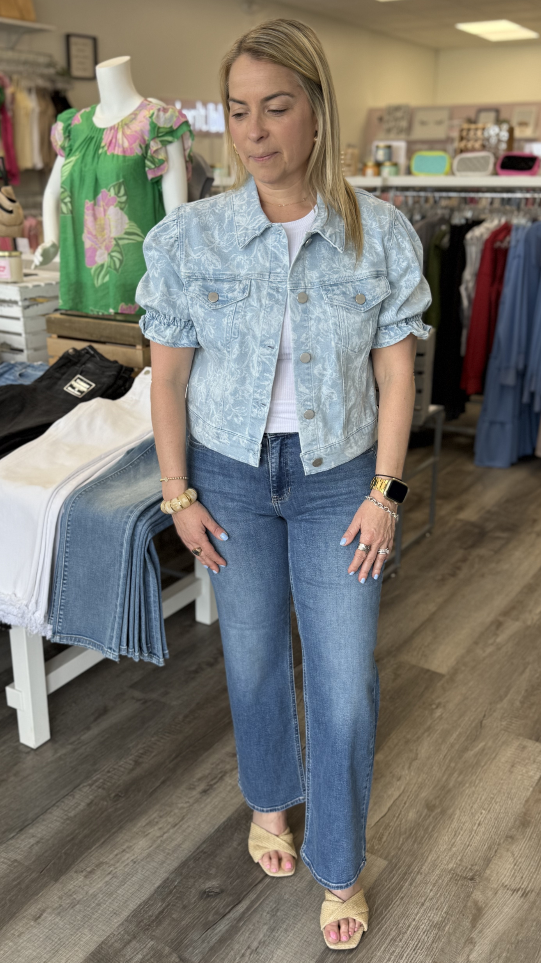 Floral Puff Sleeve Cropped Denim Jacket