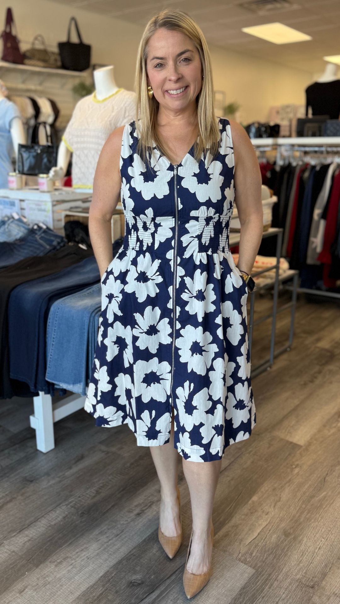 Cotton Voile Printed Front Zip Knee Length Dress