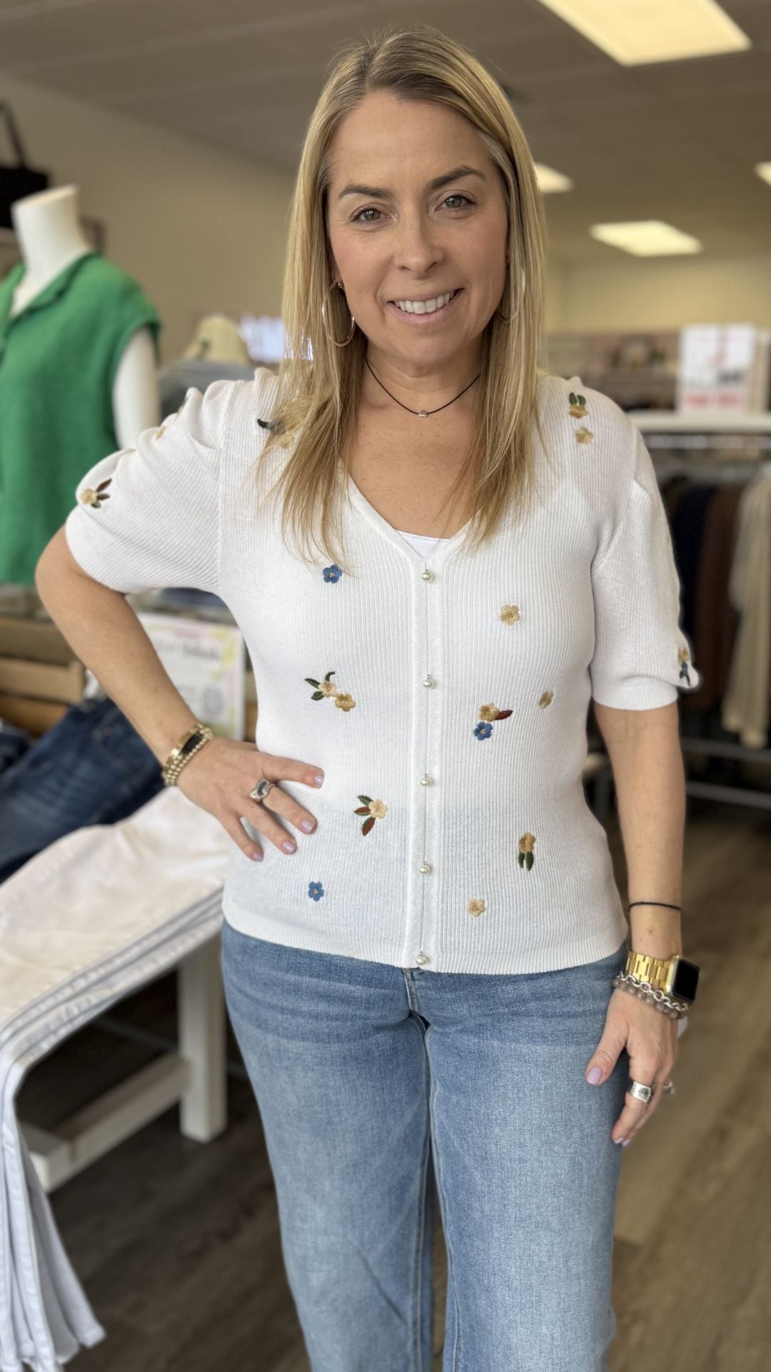 White Floral Embroidered Buttoned Pearl Top