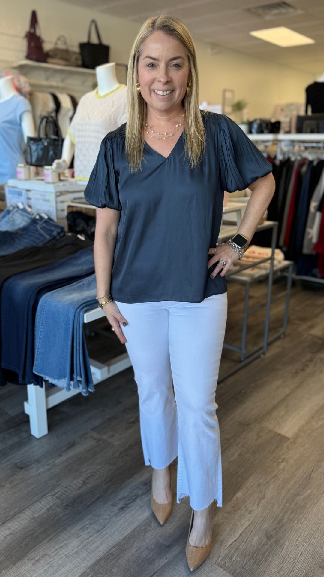 Slate Navy Pleated Puff Short Sleeve Blouse