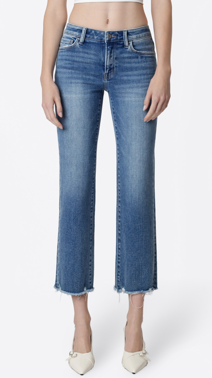 Mid Rise Medium Wash Distressed Hem Crop Straight Jeans