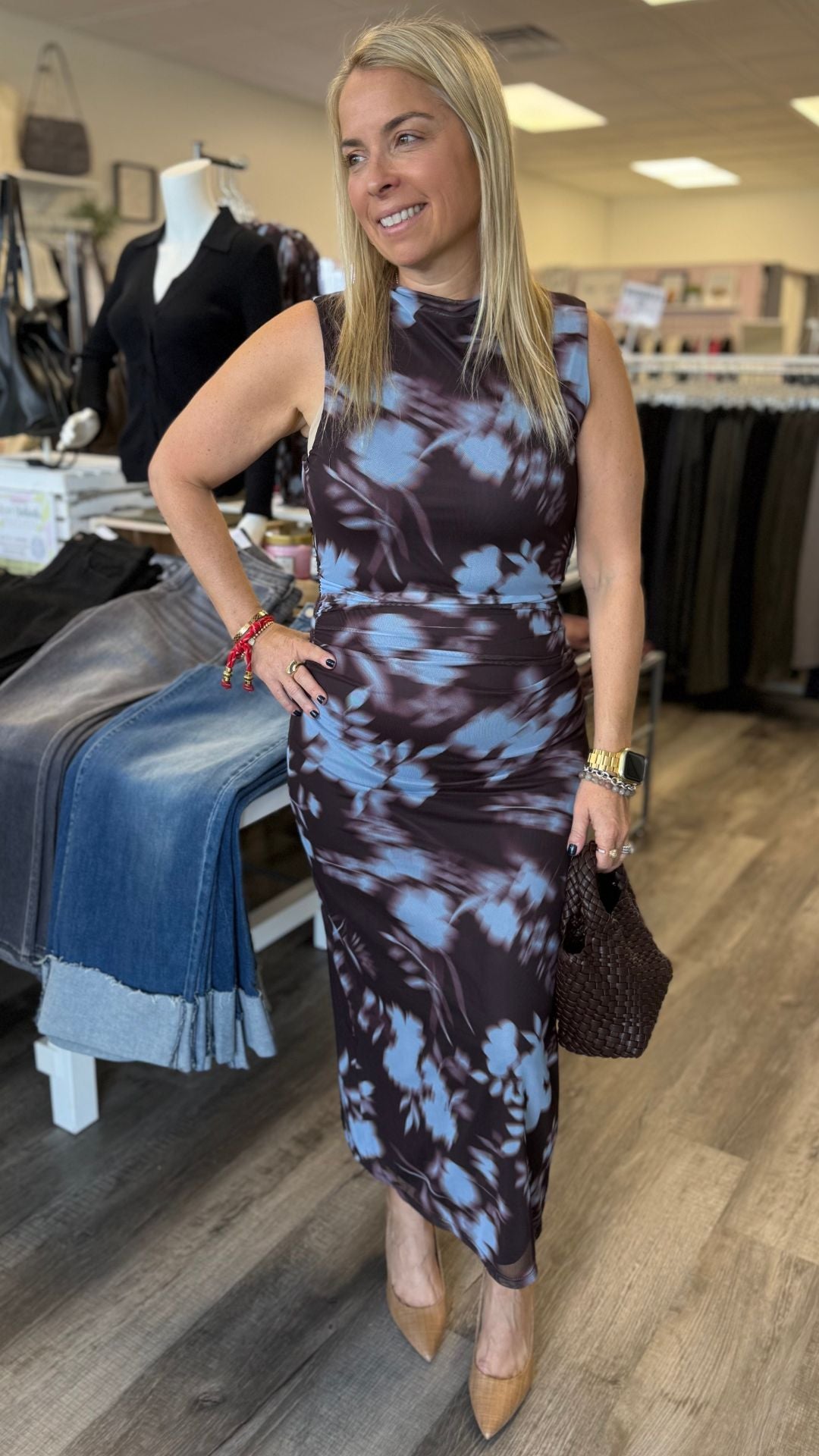 Brown And Blue Floral Mesh Ruched Midi Dress