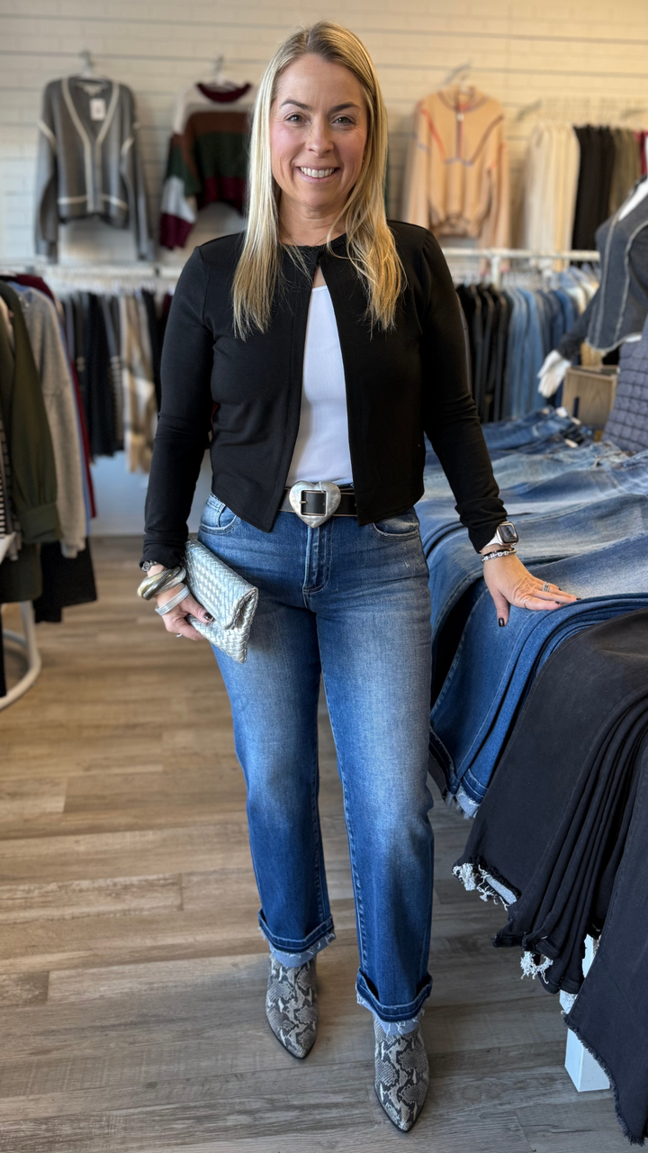 Mid Rise Ankle Straight Cuffed Jeans
