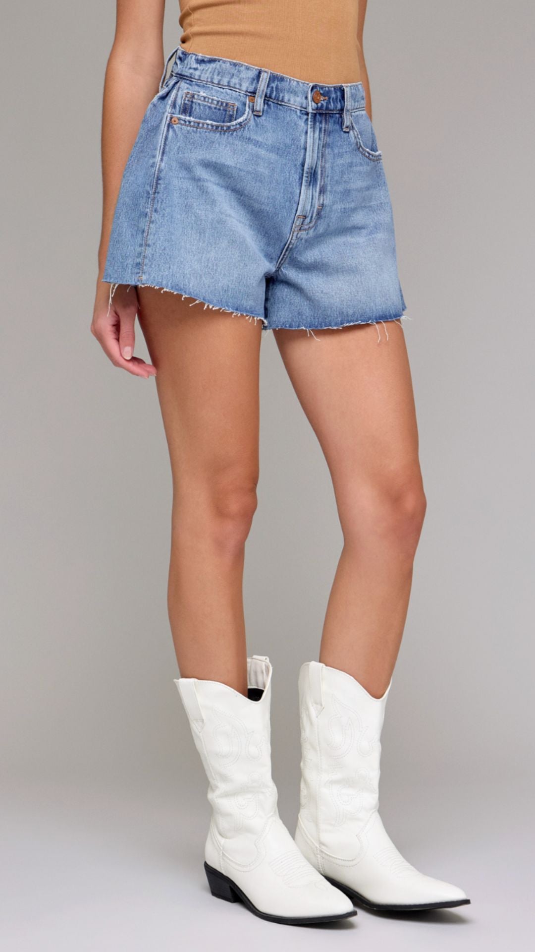 High Rise Medium Wash A Line Shorts