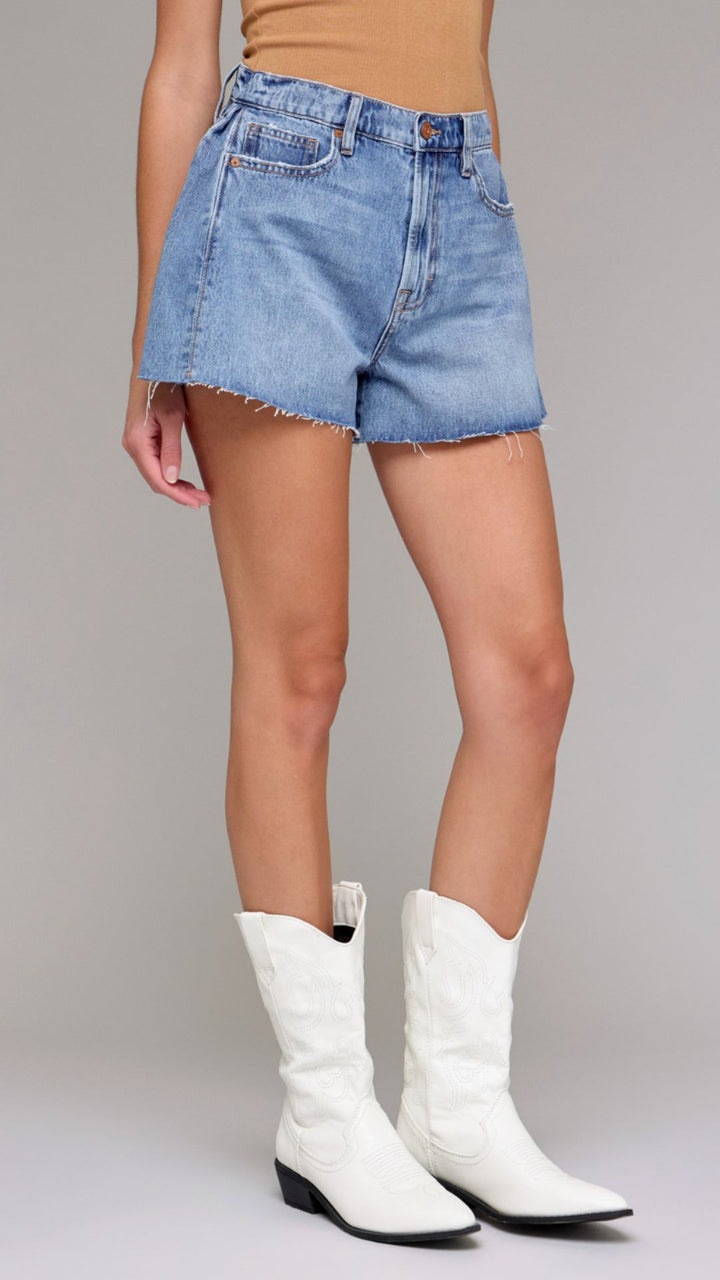 High Rise Medium Wash A Line Shorts