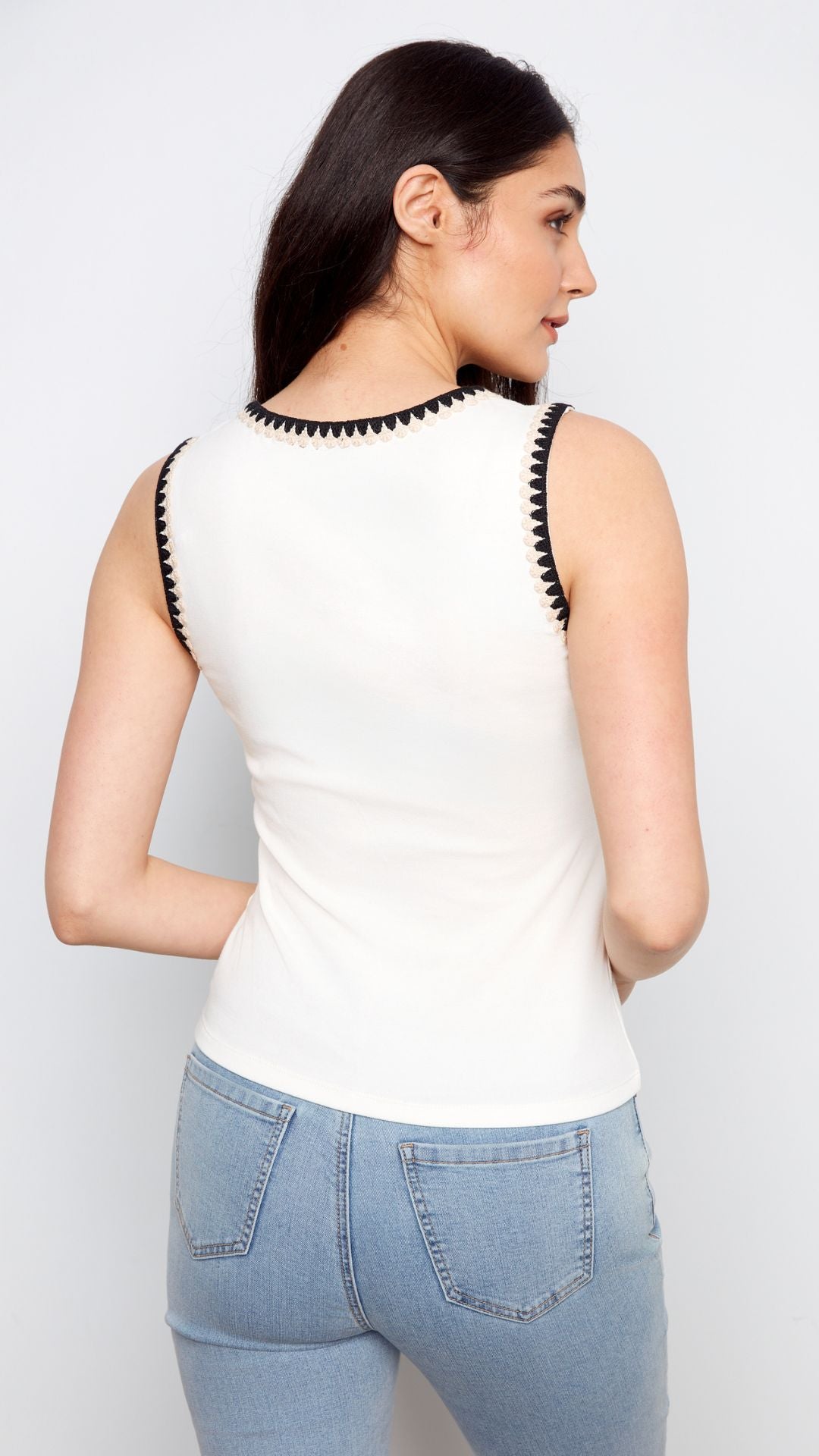 Ecru Knit Tank With Crochet Trim Detail