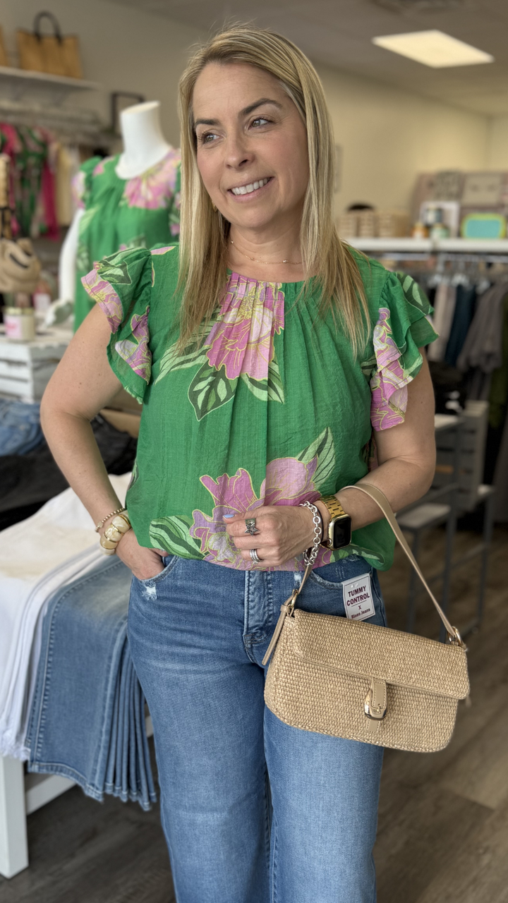 Floral Print Flutter Sleeve Blouse