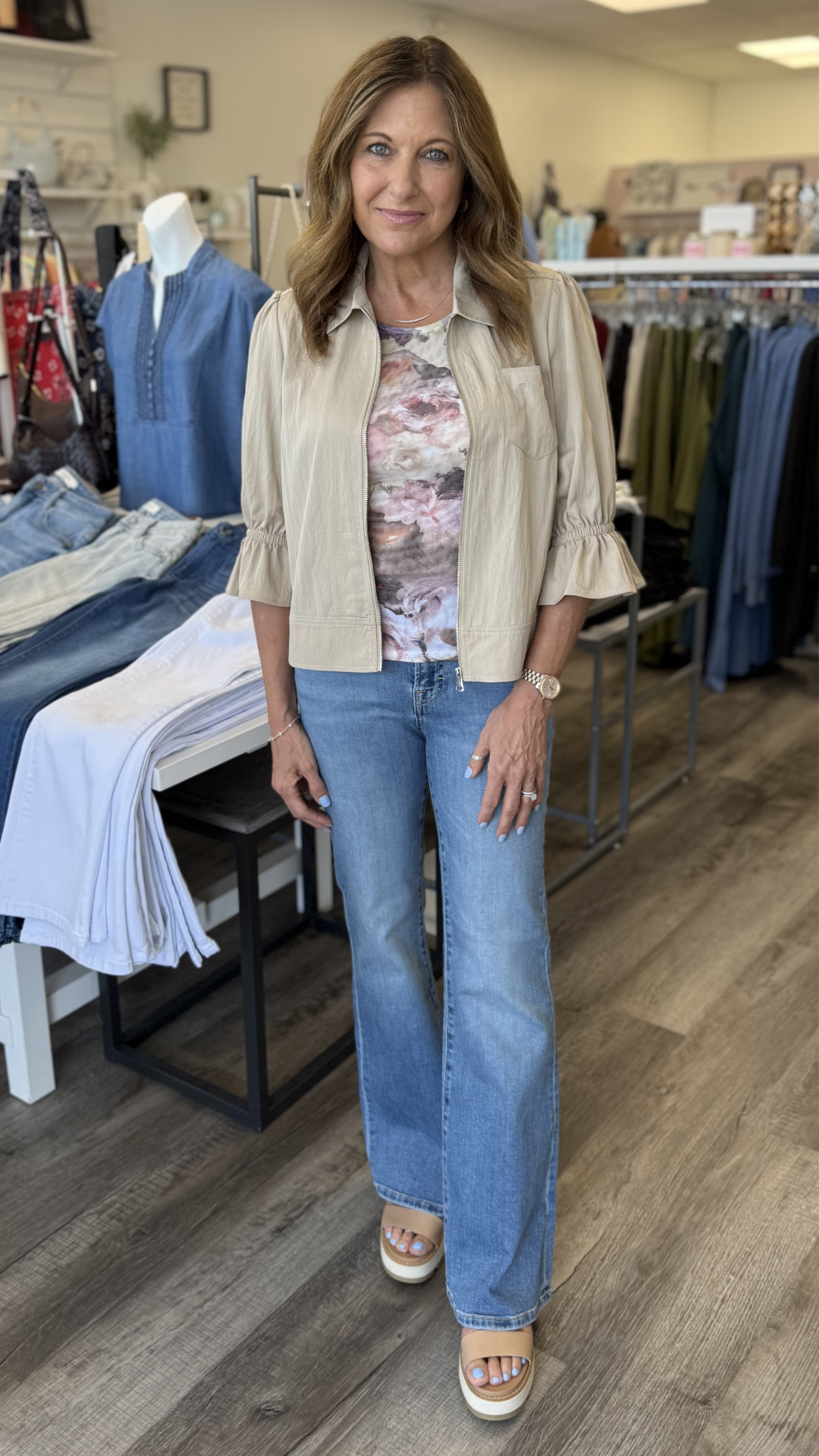 Mid Rise Medium Wash Full Length Flare Jeans