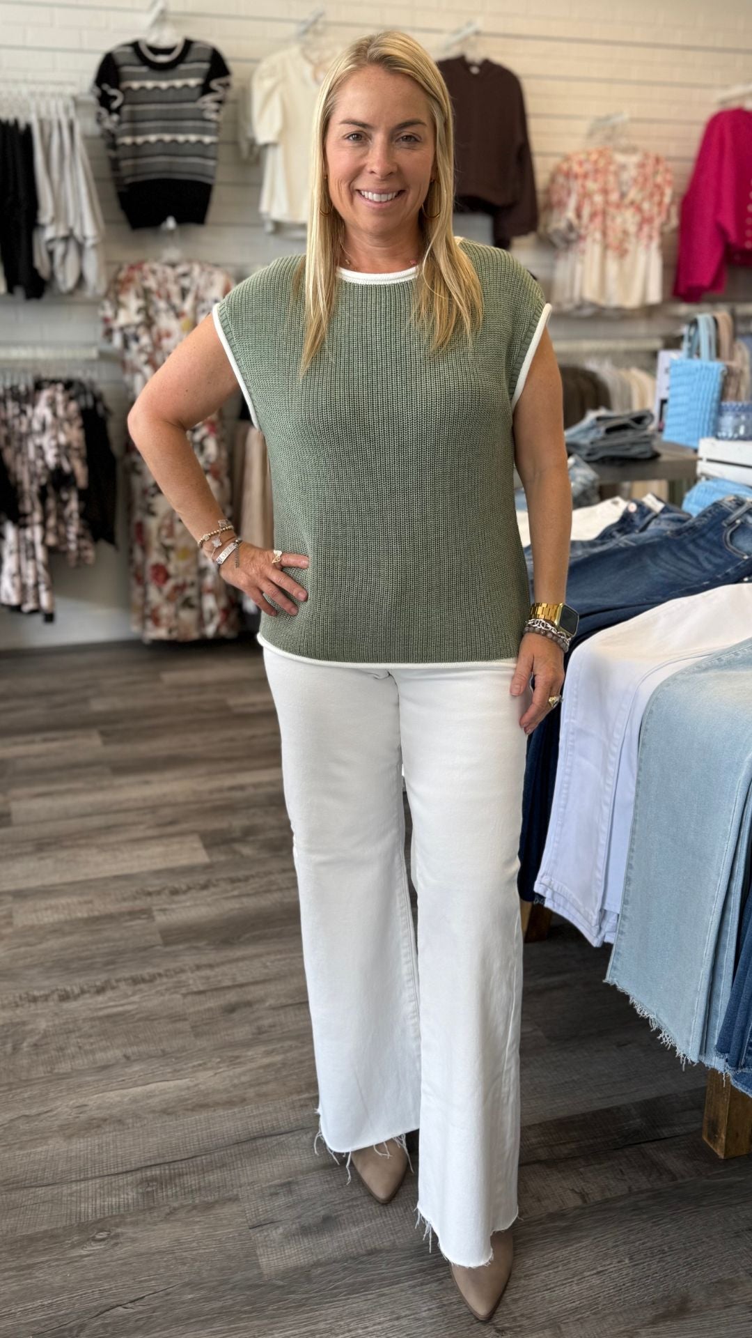 Hazel Green Contrast Rolled Knitted Sweater Vest