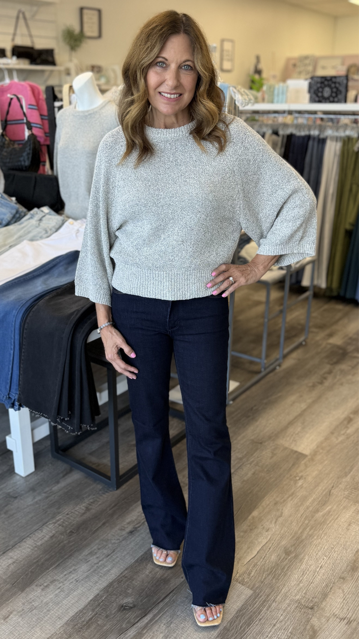 High Rise Super Dark Wash Scissor Cut Full Length Flare Jeans
