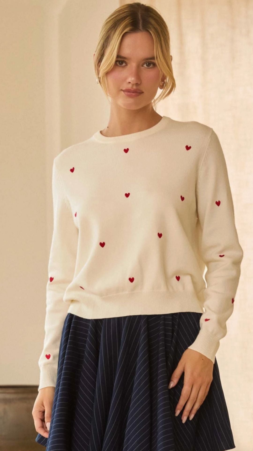 White And Red Heart Embroidery Sweater Top