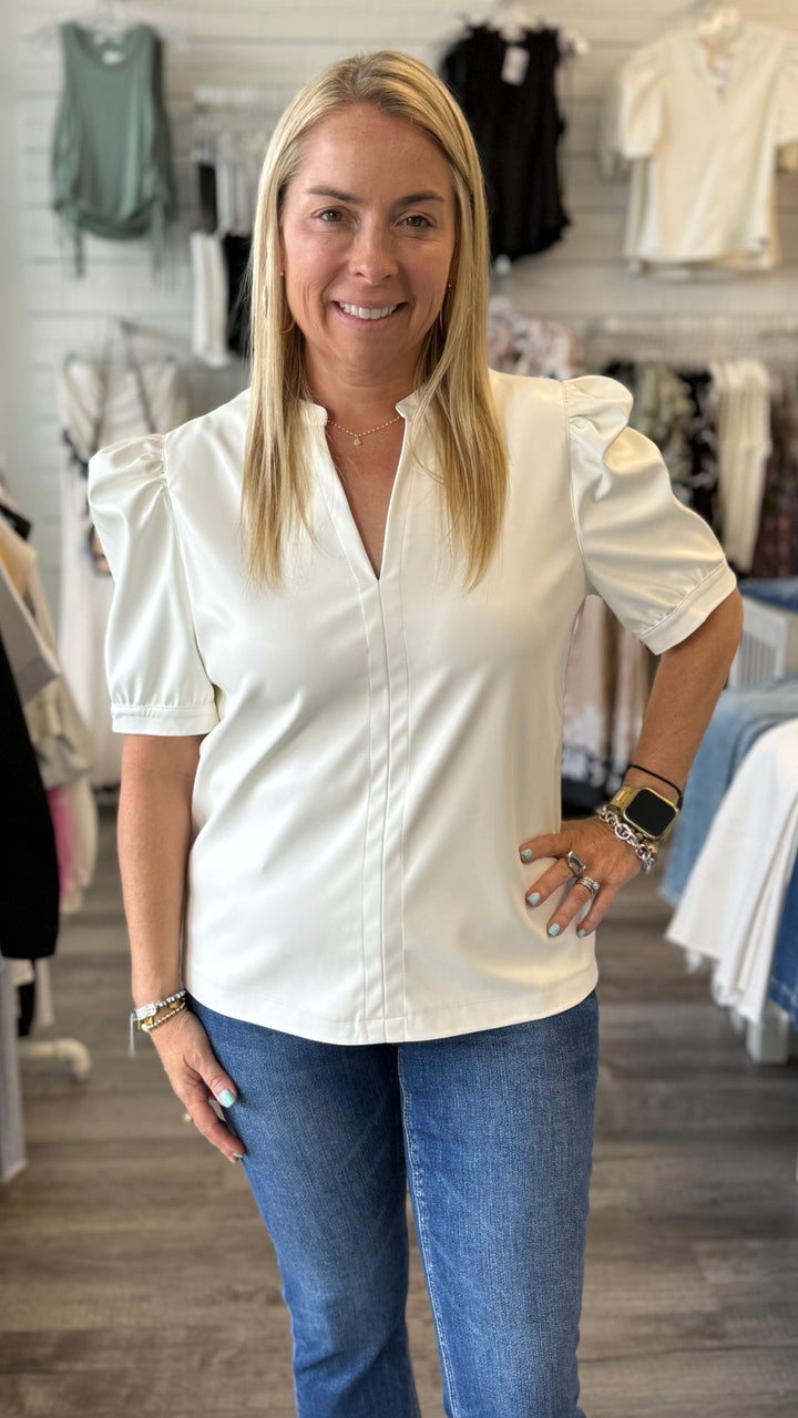 Split Neck Faux Leather Top
