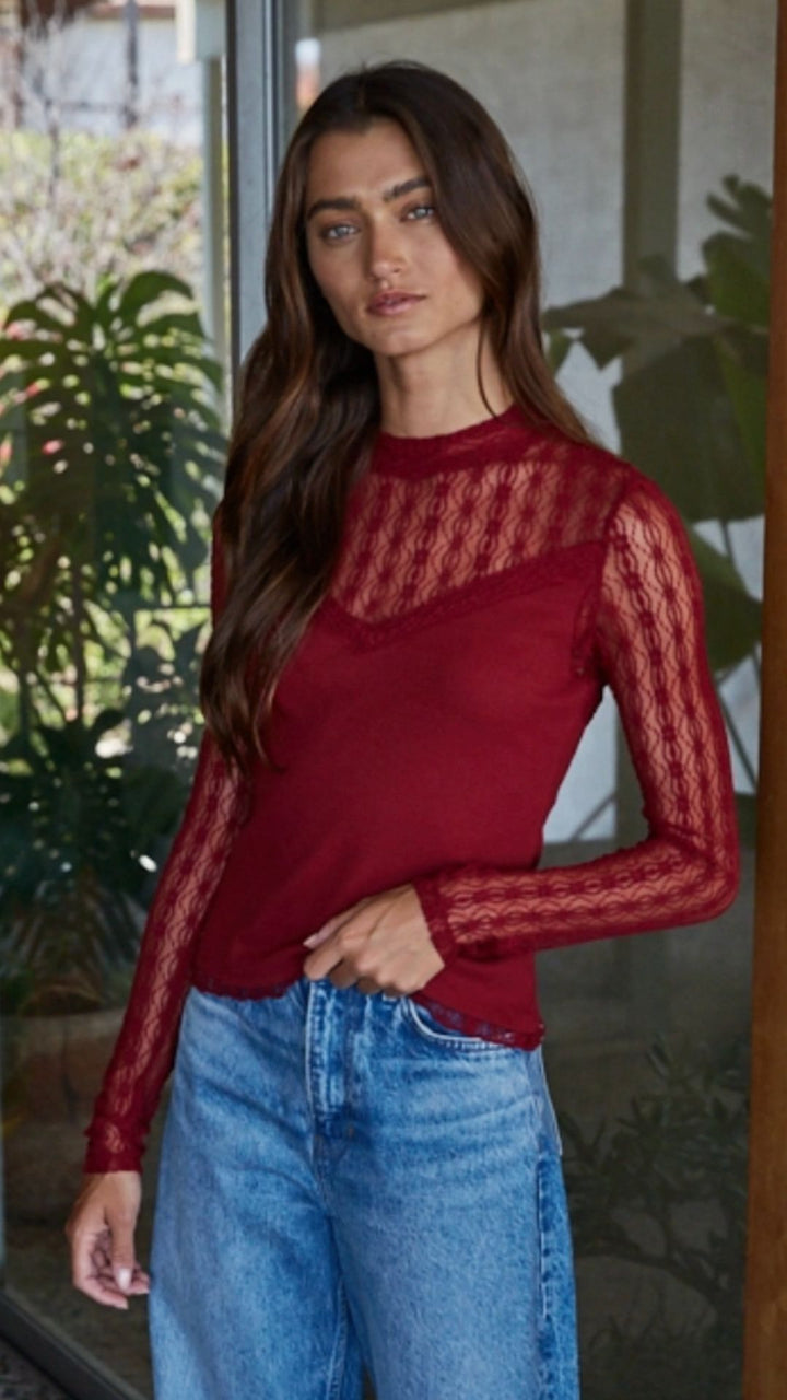 Ruby Red Ribbed Sheer Lace Mock Neck Long Sleeve