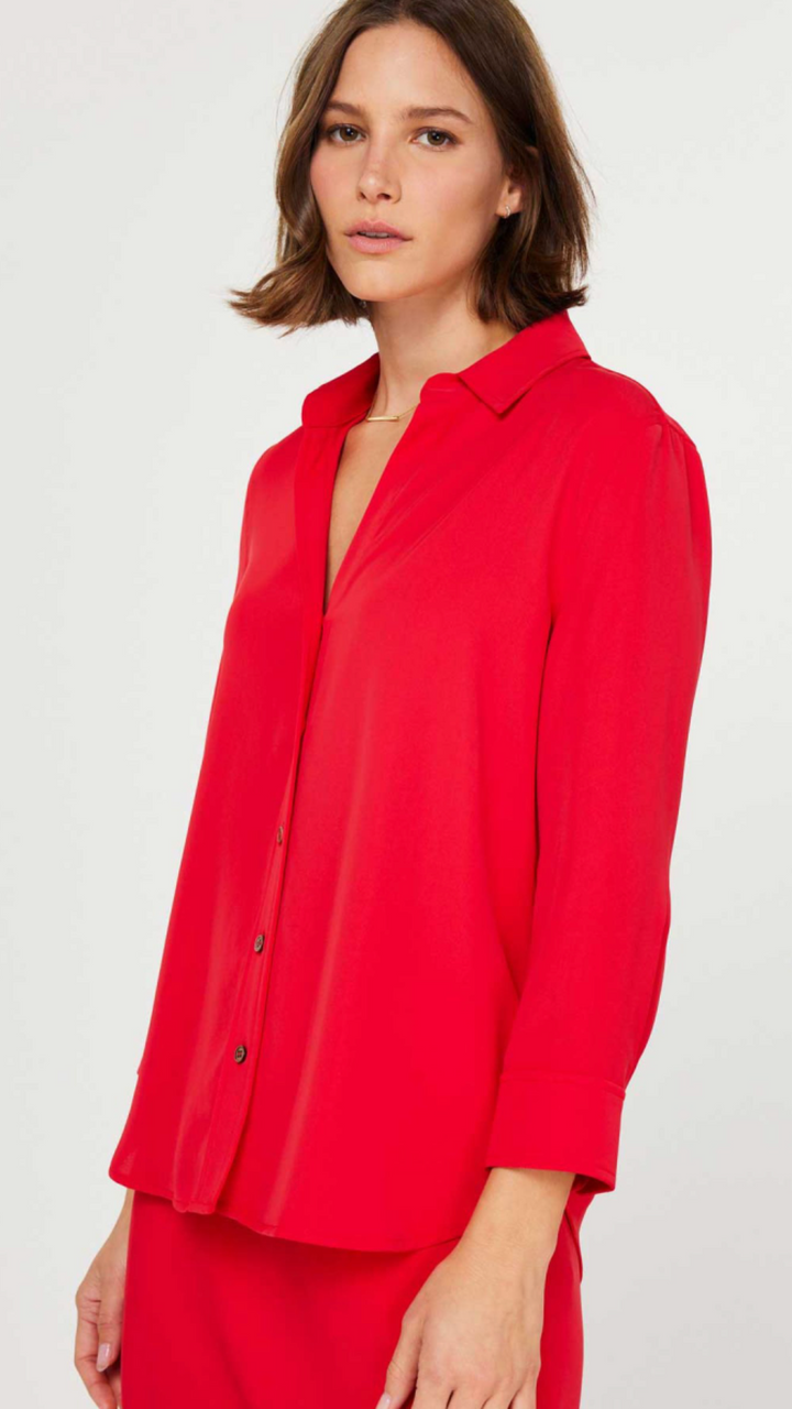 Red Quarter Sleeve Button Down Top