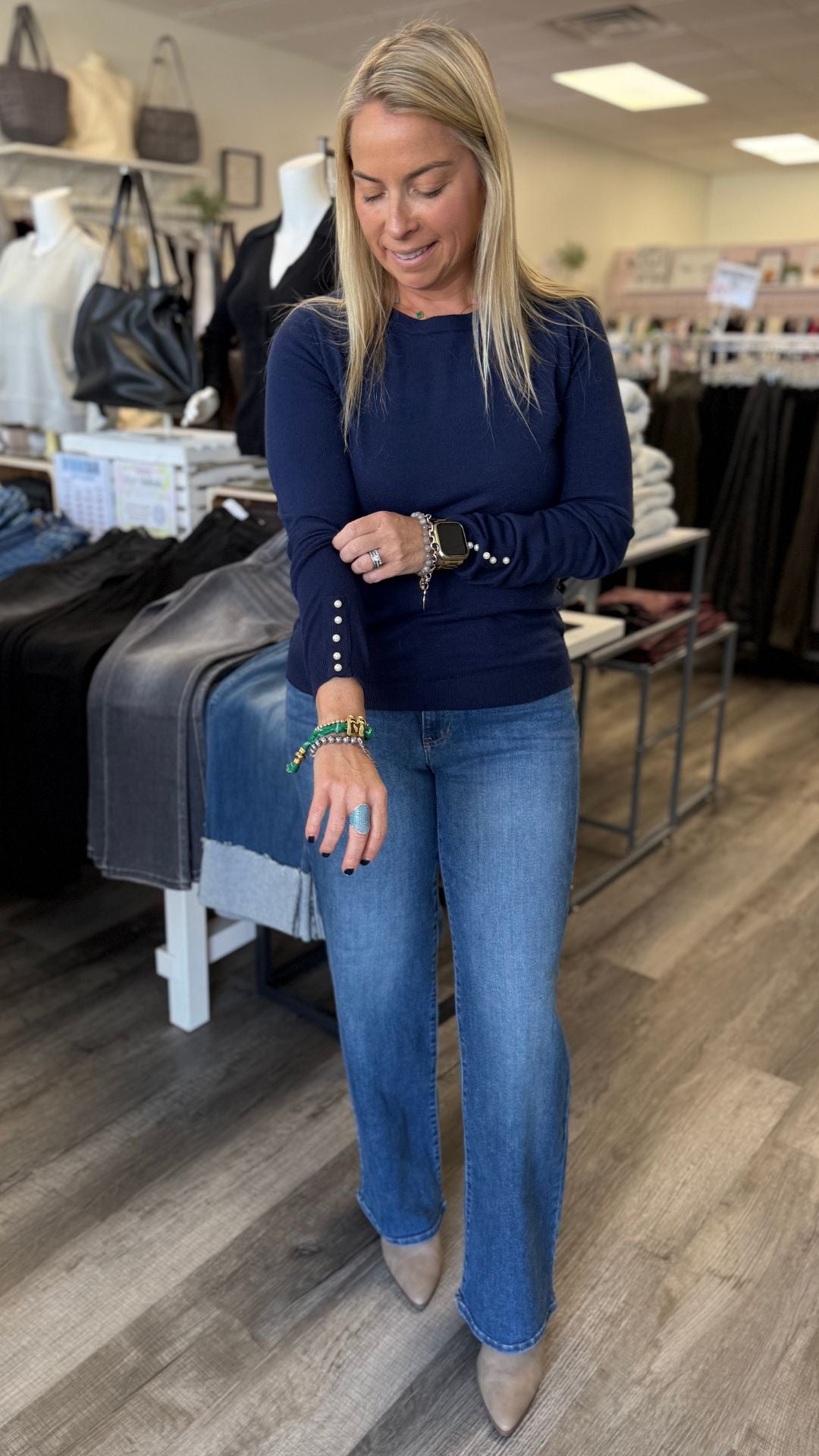 Navy Knit Sweater With Pearl Detail