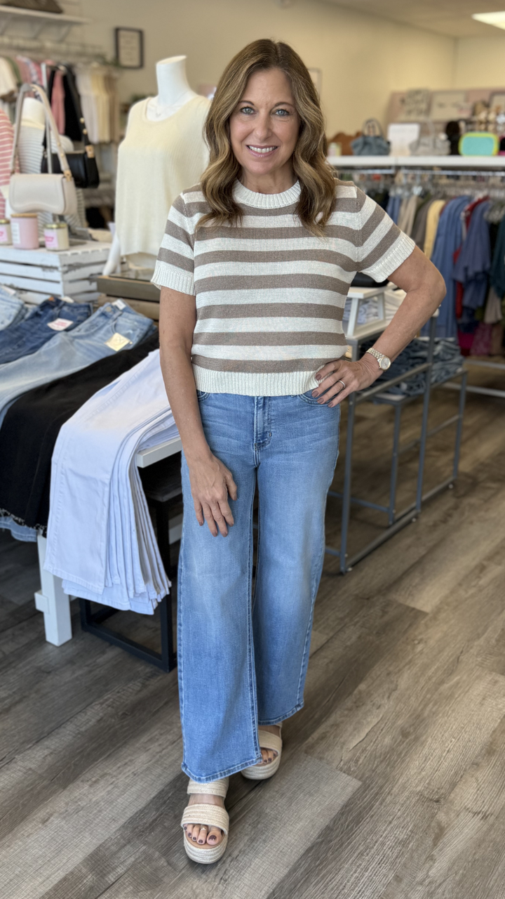 Mocha Striped Knitted Short Sleeve Top