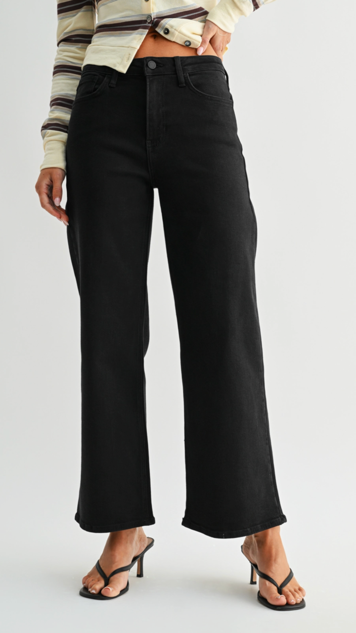 High Rise Black Slim Crop Wide Leg Jeans