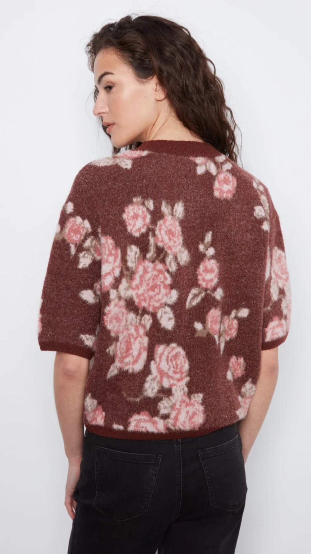 Balloon Elbow Sleeve Floral Jacquard Knit Sweater