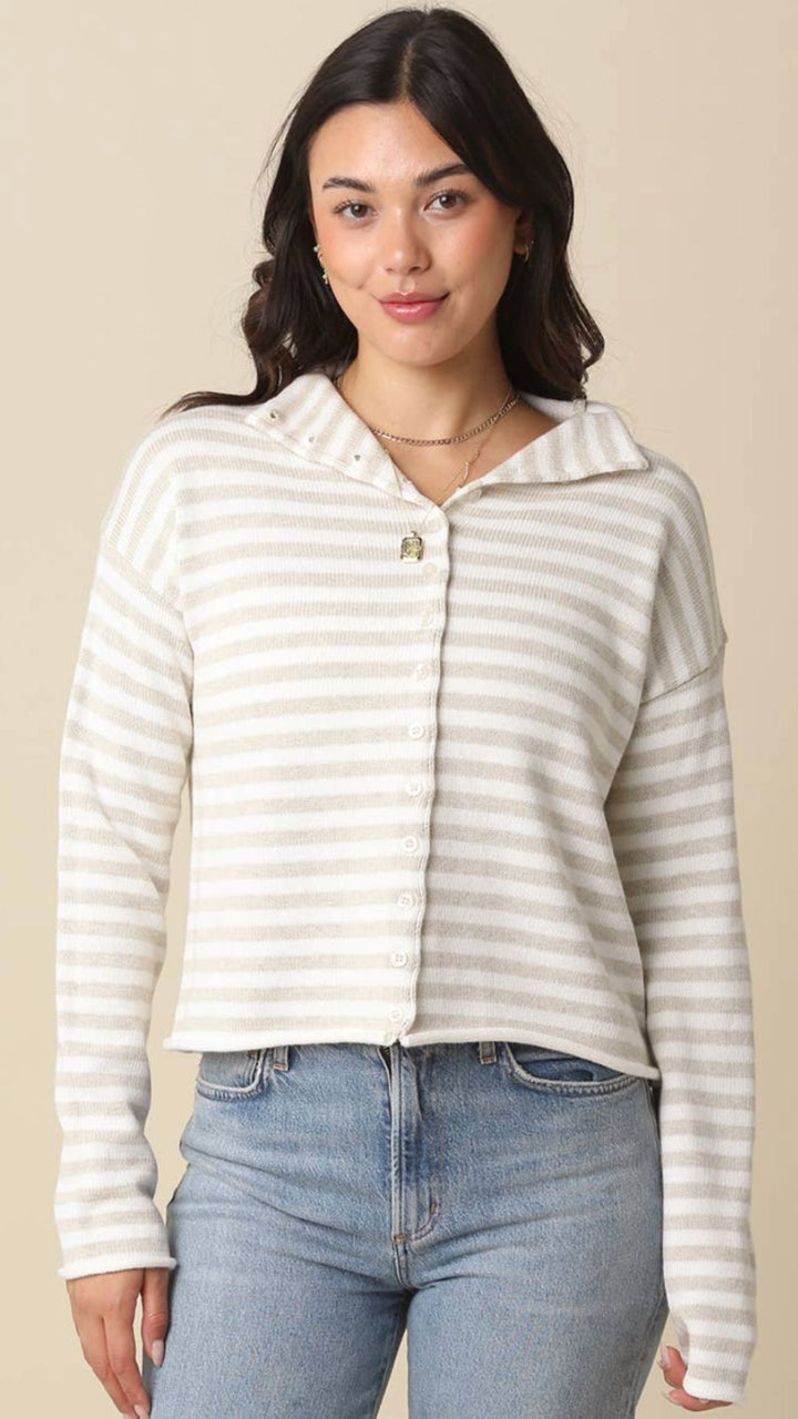 Oatmeal And White Striped Collar Knit Cardigan Sweater