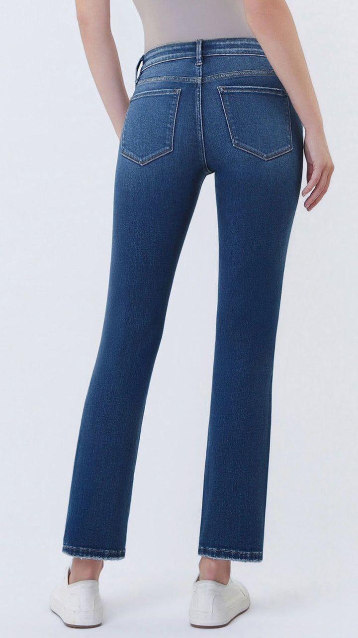 Mid Rise Dark Wash Ankle Slim Straight Jeans