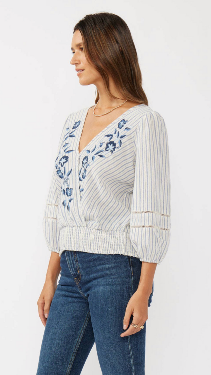 Embroidered Smocked Waist Stripe Surplice Top