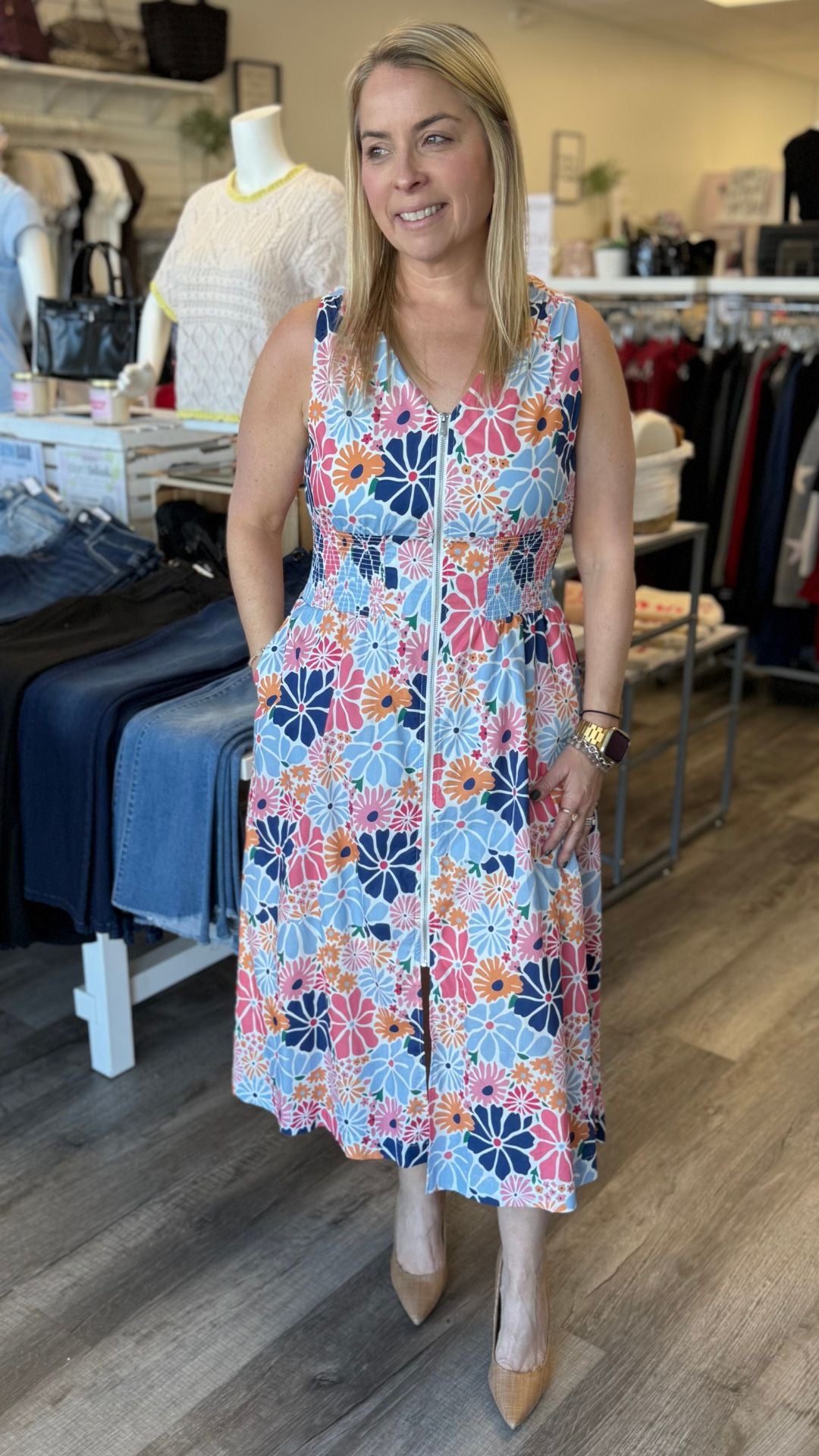 Cotton Voile Printed Front Zip Maxi Dress