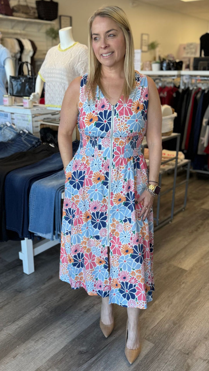 Cotton Voile Printed Front Zip Maxi Dress