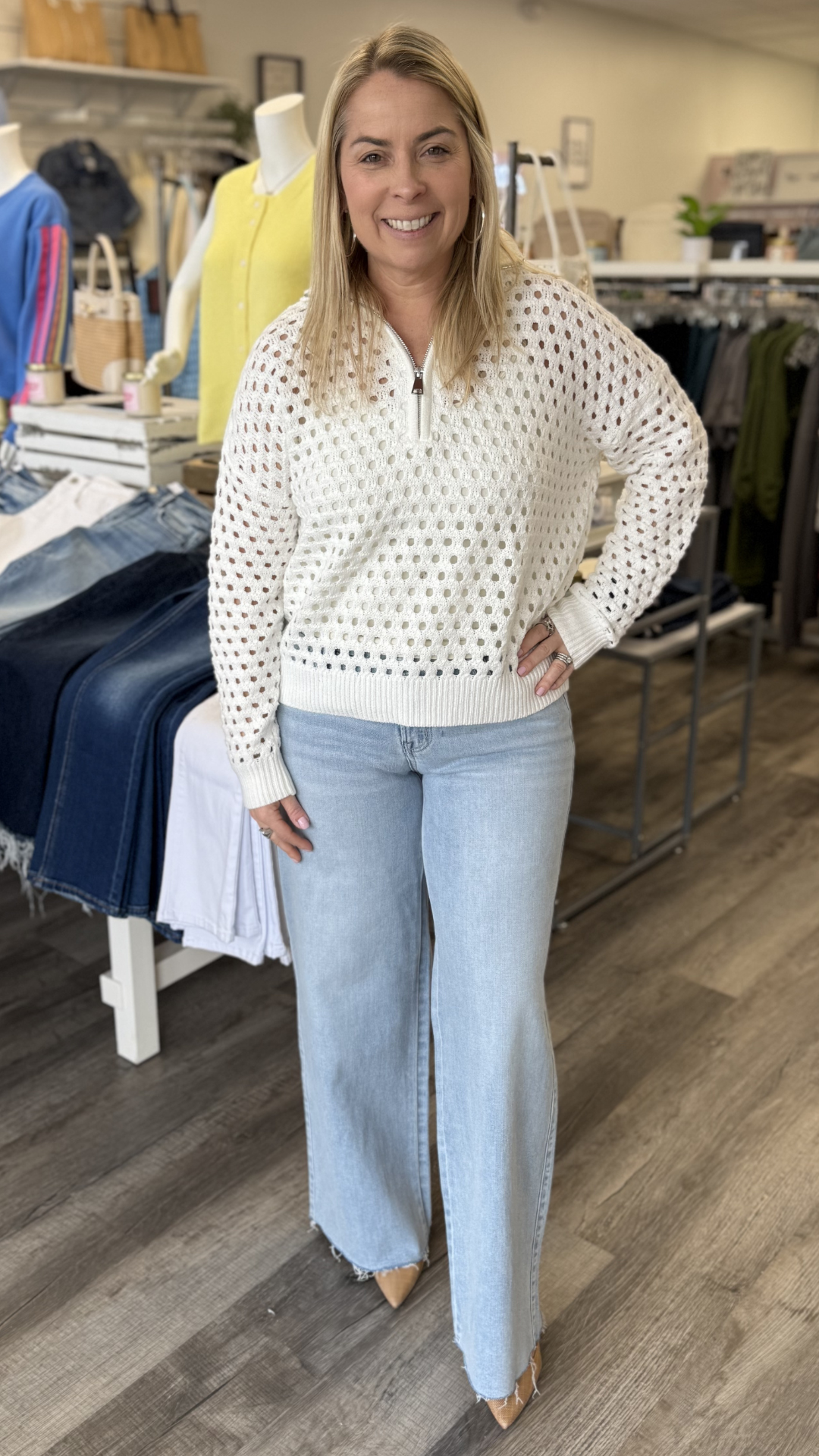 Mid Rise Light Wash Full Length Clean Cut Hem Wide Leg Jeans