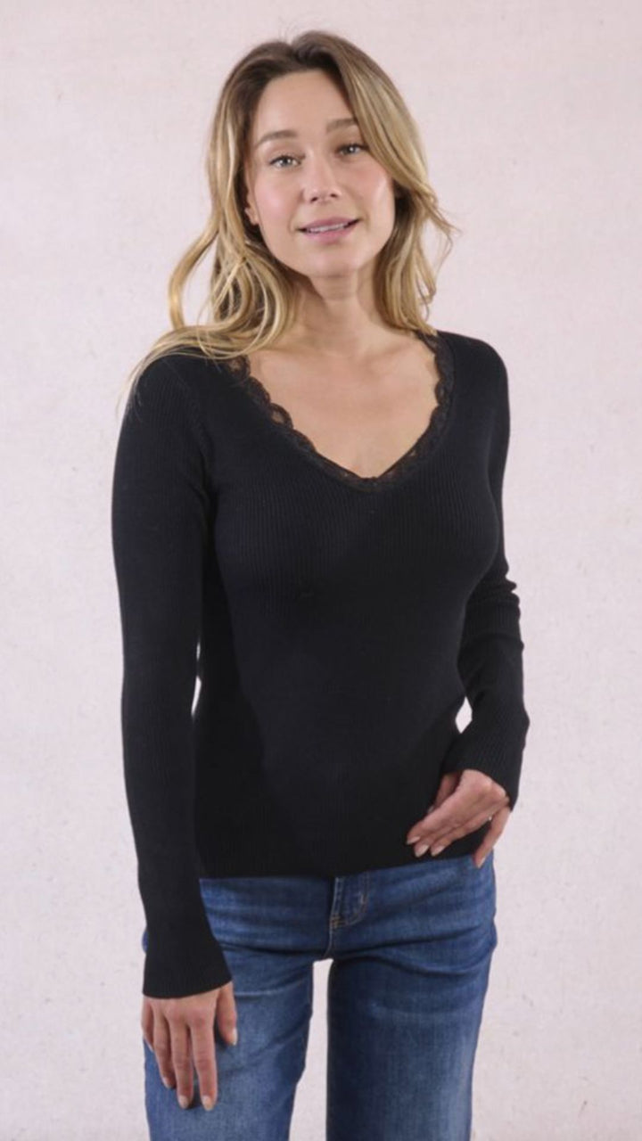 Black Lace Trim Detail Sweater