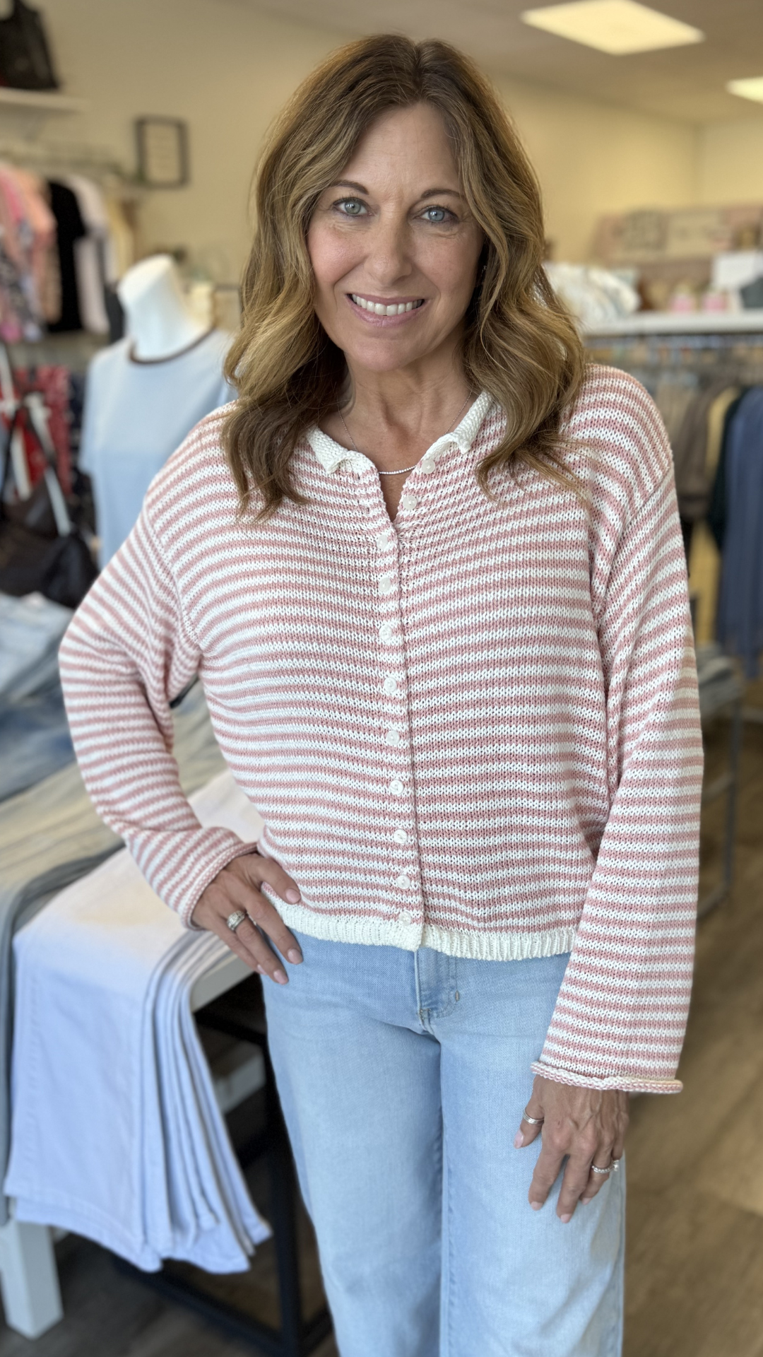 Rose And White Button Front Knit Cardigan
