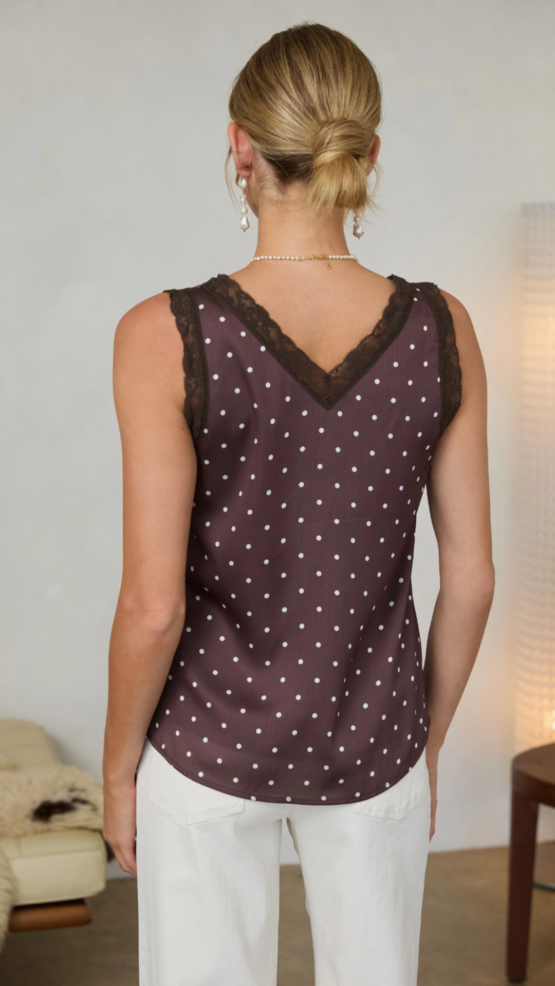 Polka Dot Satin Lace Trim Tank Top