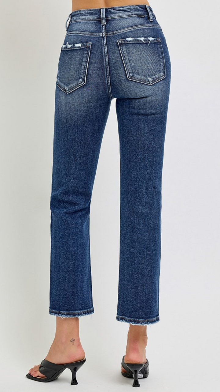High Rise Dark Wash Tummy Control High Crop Straight Jeans