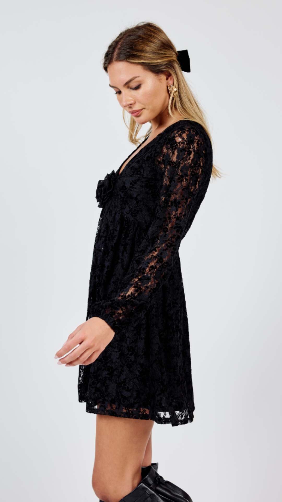 At Dusk V Neck Mini Dress With Flower Detail