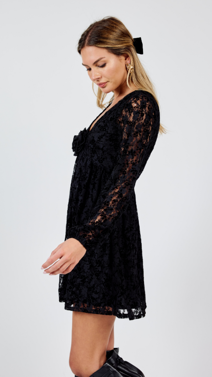 At Dusk V Neck Mini Dress With Flower Detail