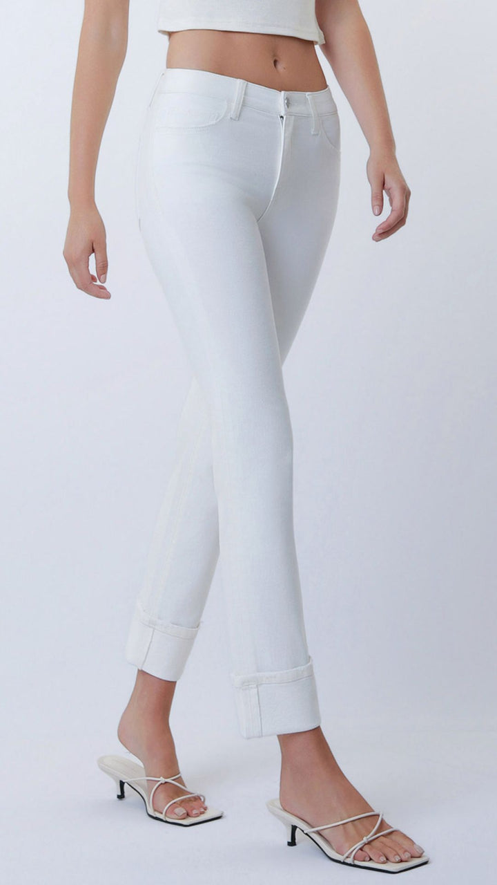 Mid Rise White Cuffed Ankle Slim Straight Jeans