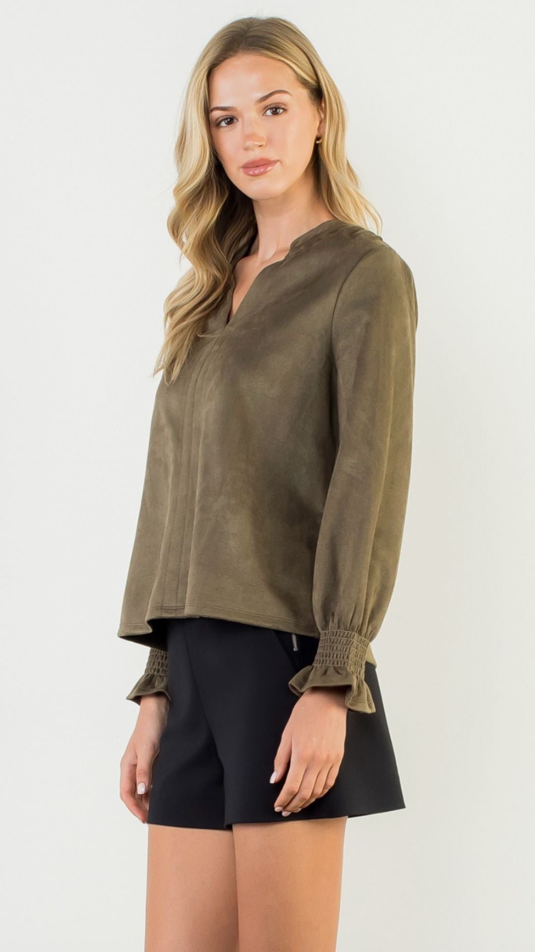 Olive Long Sleeve Suede V Neck Top