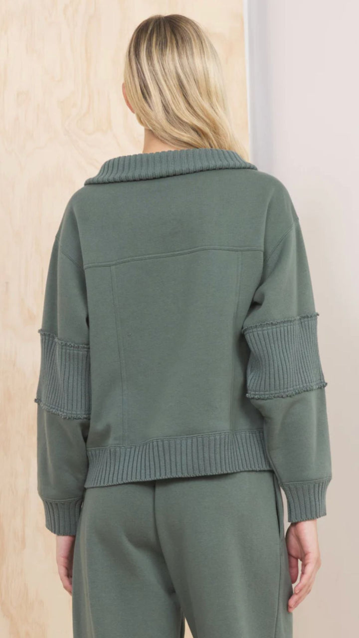 Olive Fleece Quarter Zip With Rib Detail Sweatshirt