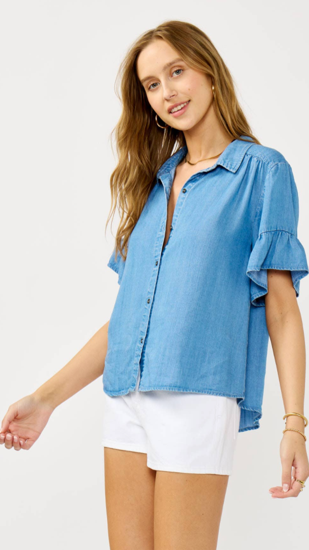 Tencel Ruffle Sleeve Button Down Top