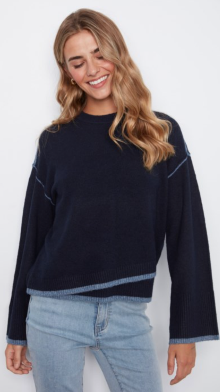 Navy Contrast Trim Crew Neck Sweater